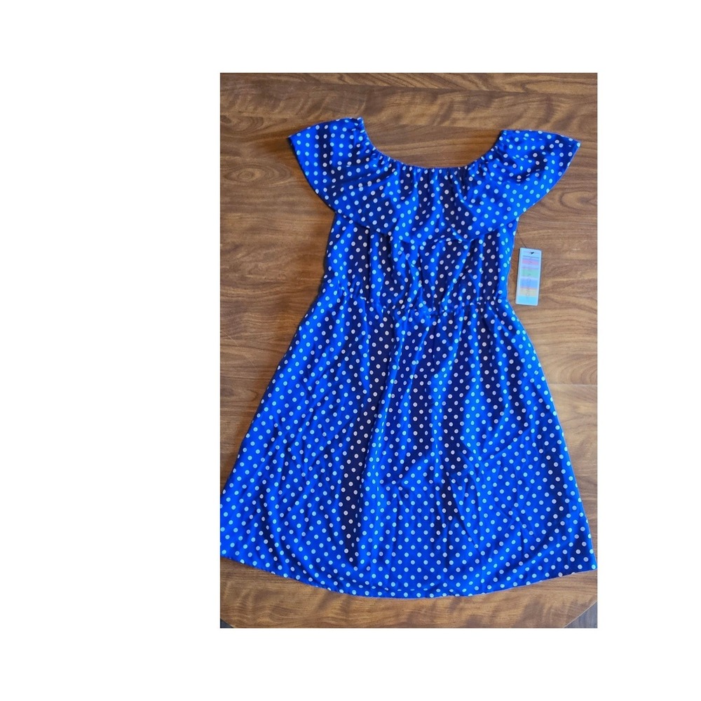 Girls' Blue Polka Dot Dress‎ - Off The Shoulder Ruffle Details Kids